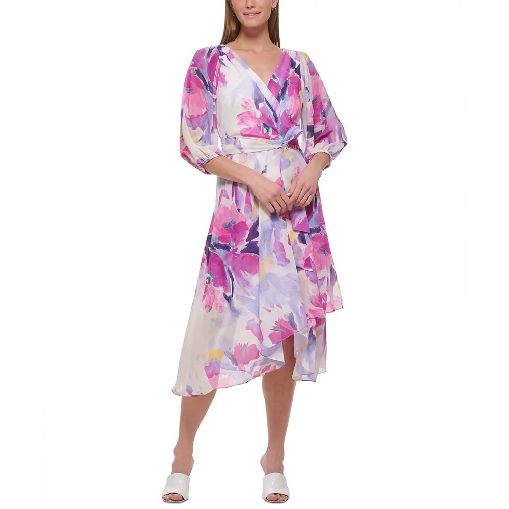 DKNY Women’s Floral-Print Balloon-Sleeve Tie-Waist V-Neck Dress, Size 18W